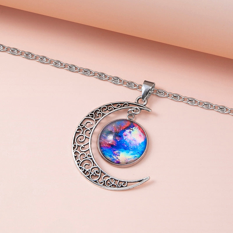 Galaxy Planet Star Glass Necklace – Cosmic Crescent Pendant