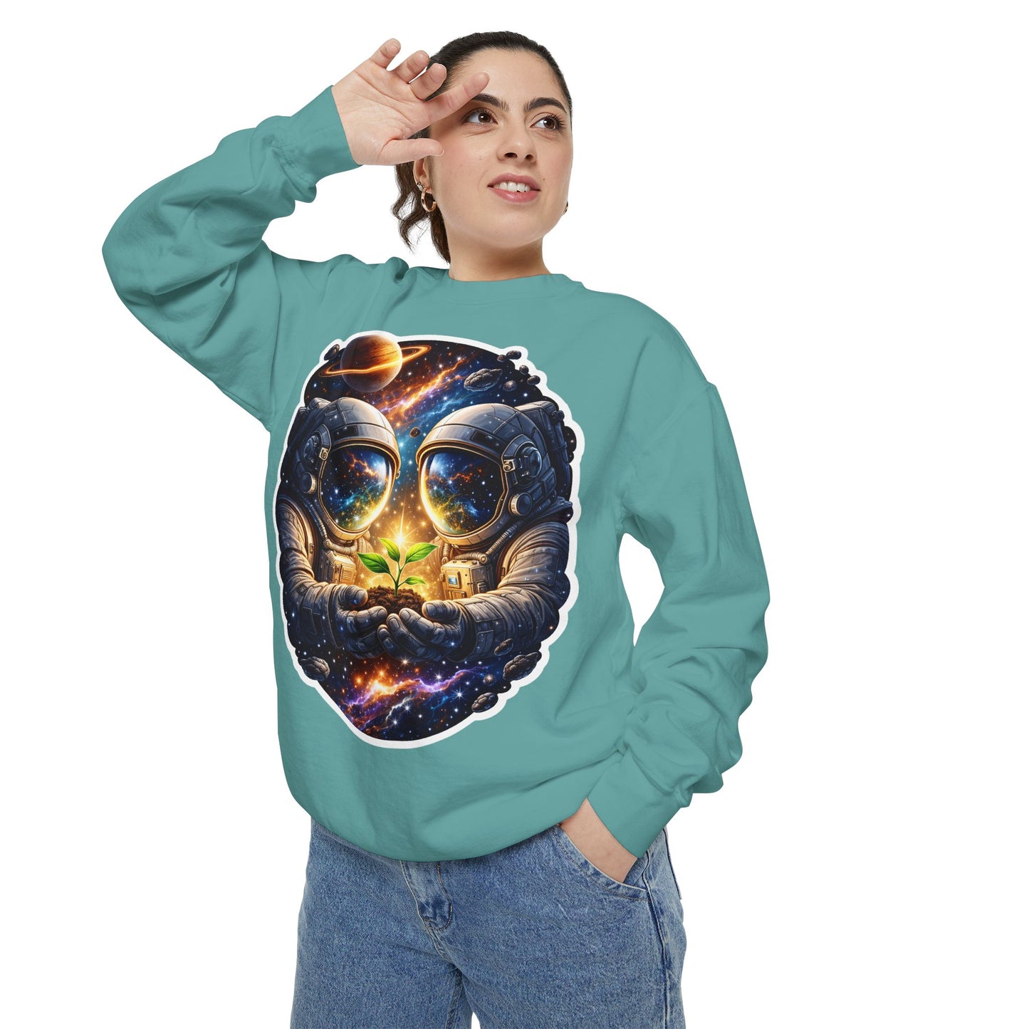 Astronaut Holding Seedling Sweatshirt — Cosmic Space Crewneck