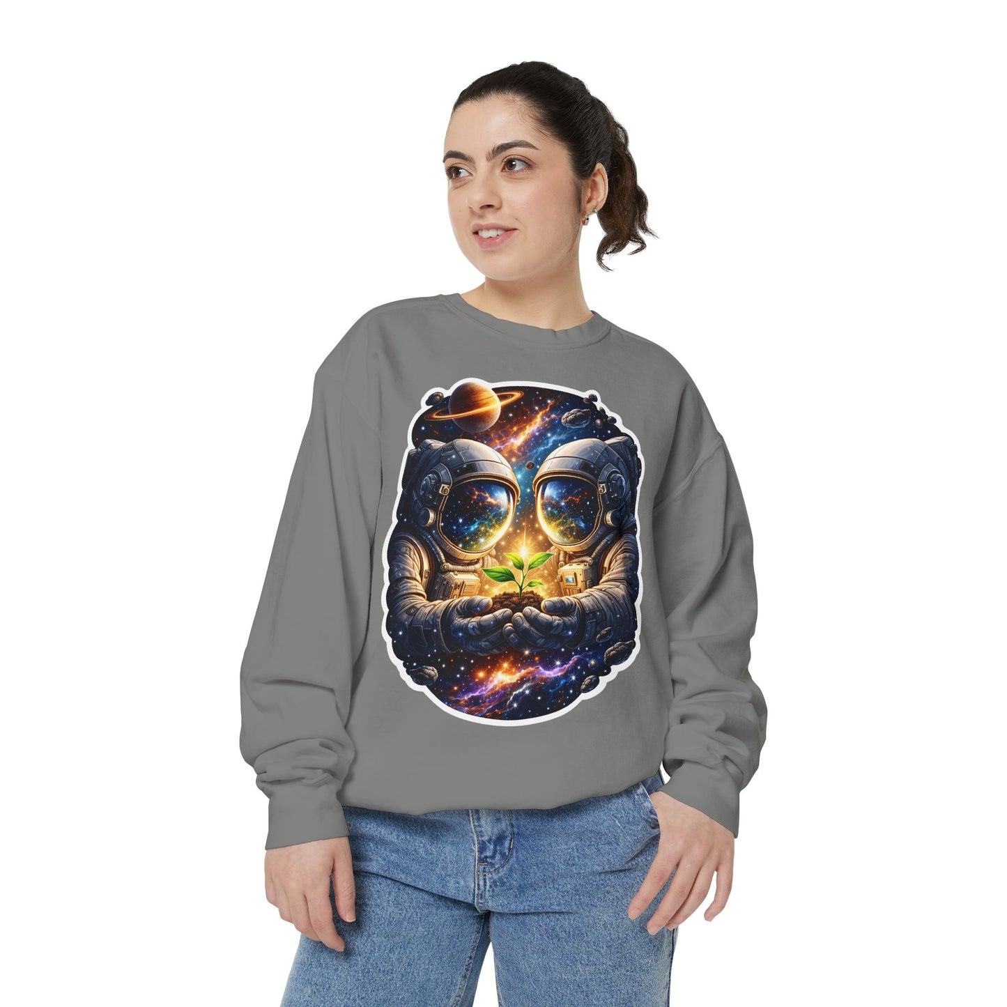 Astronaut Holding Seedling Sweatshirt — Cosmic Space Crewneck