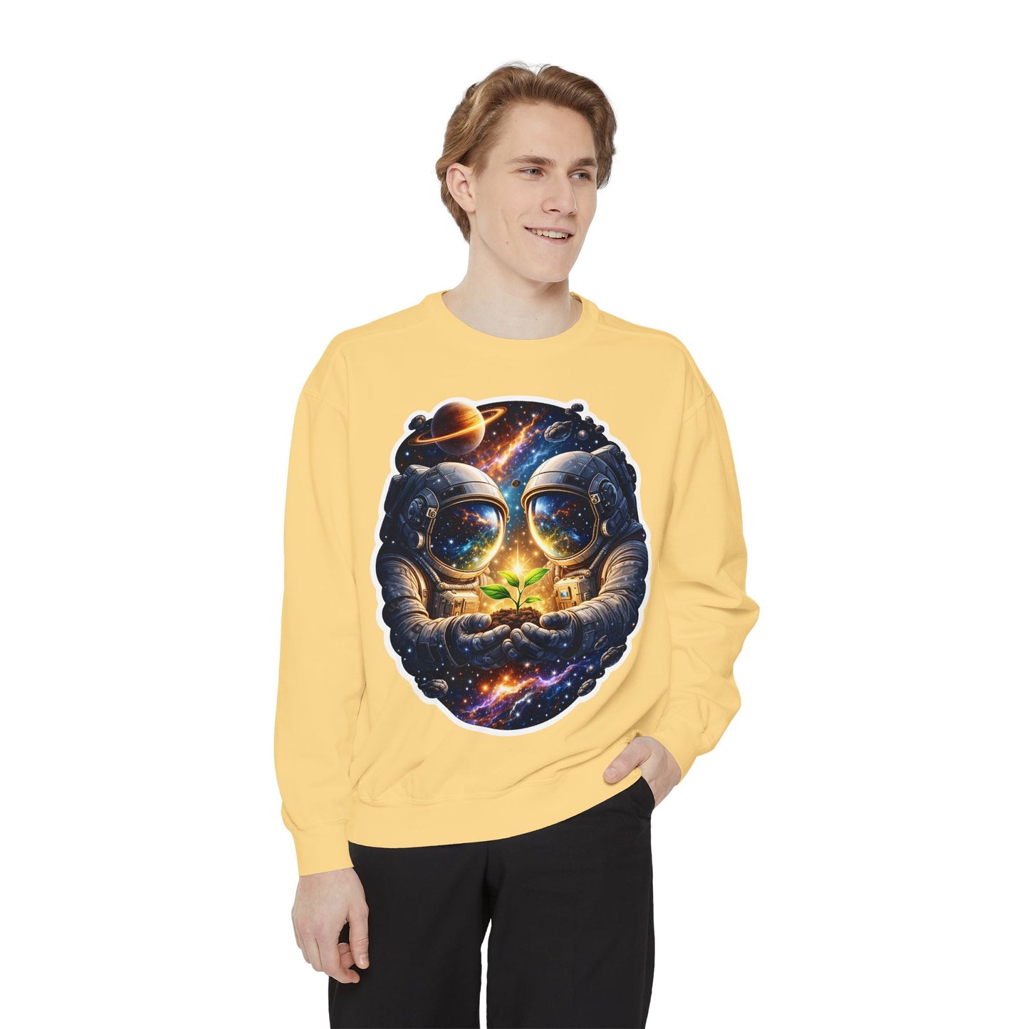 Astronaut Holding Seedling Sweatshirt — Cosmic Space Crewneck