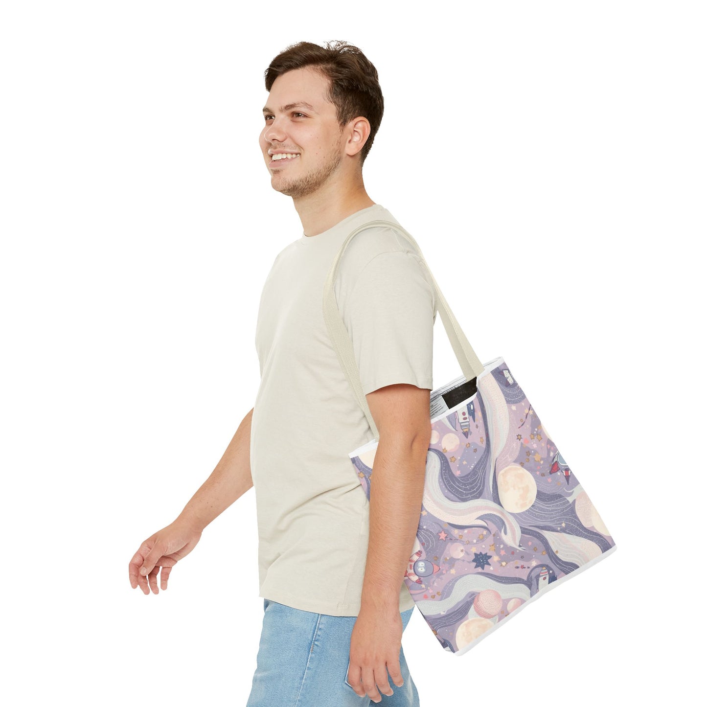 Celestial Moonlight Tote Bag — Pastel Cosmic Waves All-Over Print