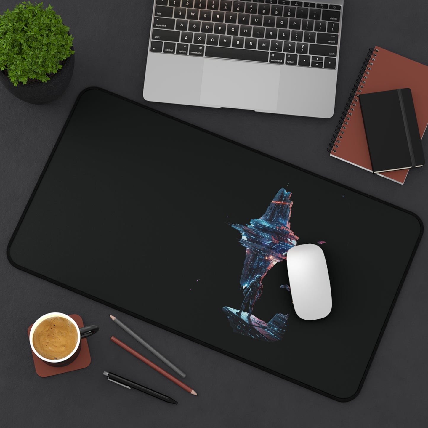 Sci‑Fi Floating City Desk Mat — Neon Cyberpunk Gaming Mouse Pad