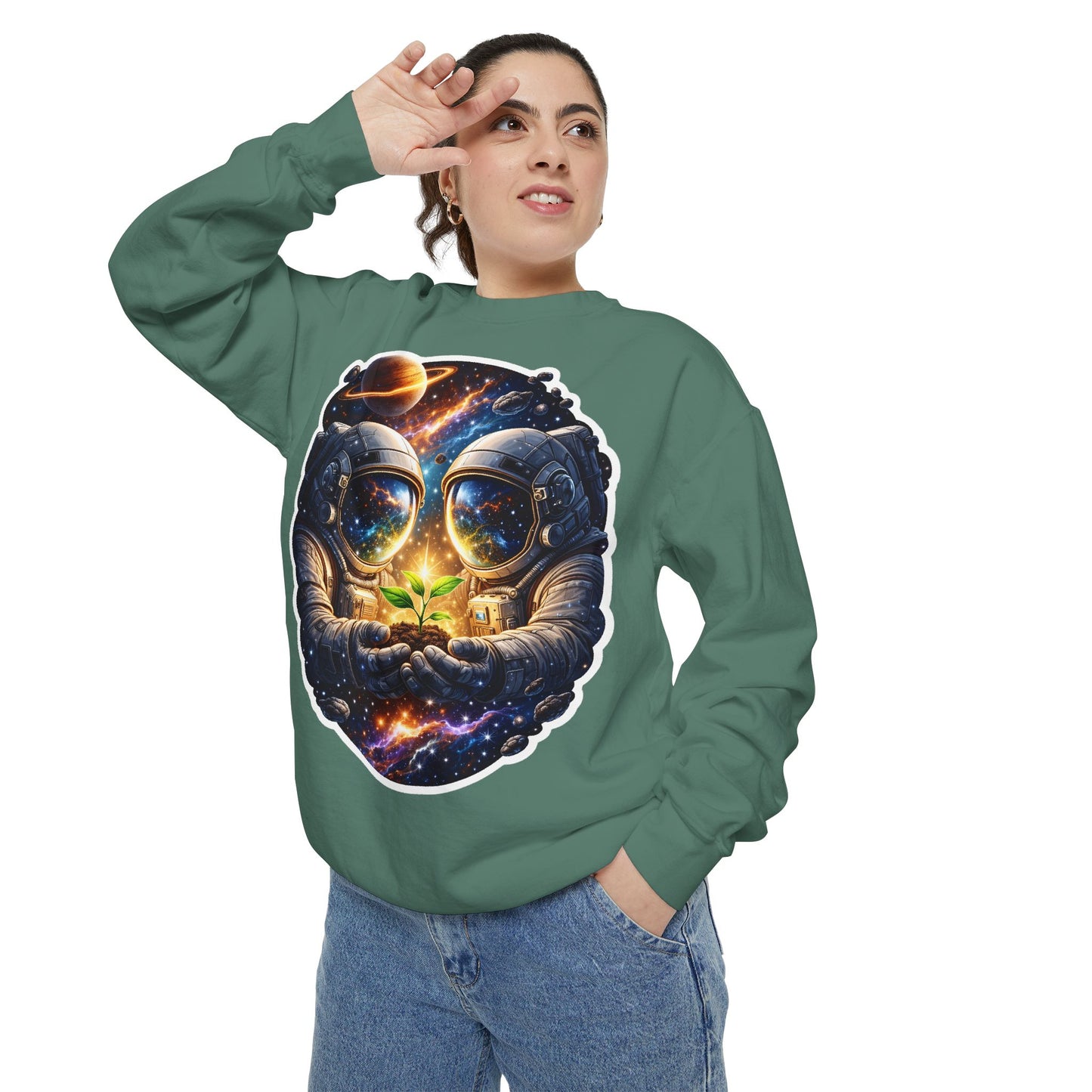 Astronaut Holding Seedling Sweatshirt — Cosmic Space Crewneck