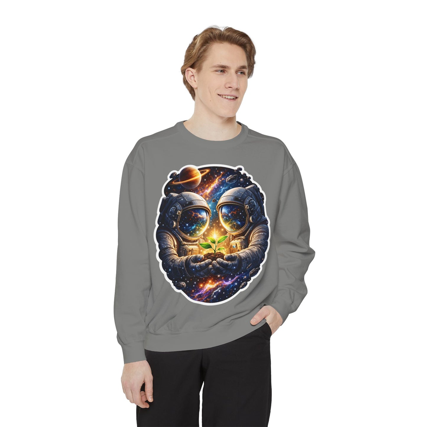 Astronaut Holding Seedling Sweatshirt — Cosmic Space Crewneck