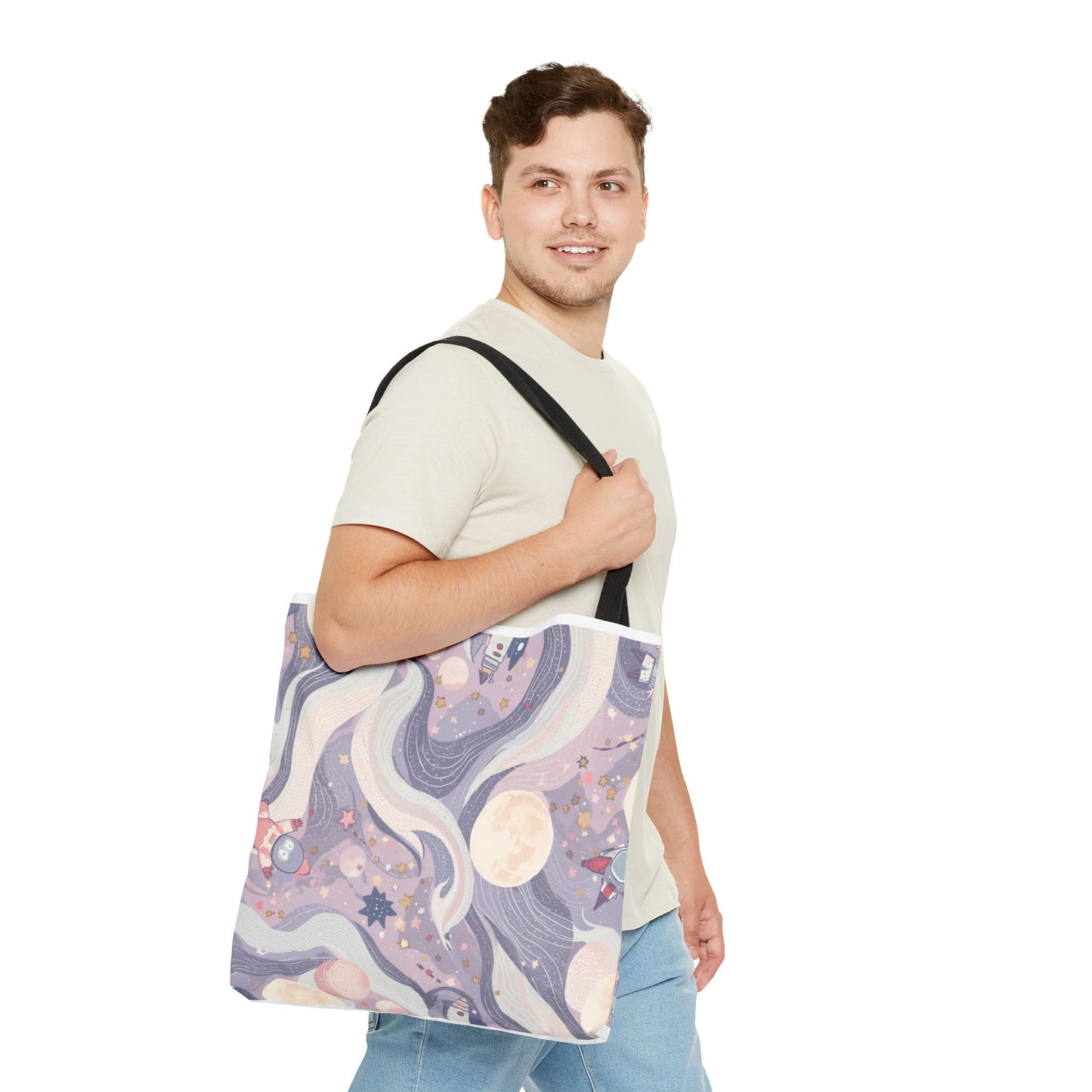 Celestial Moonlight Tote Bag — Pastel Cosmic Waves All-Over Print