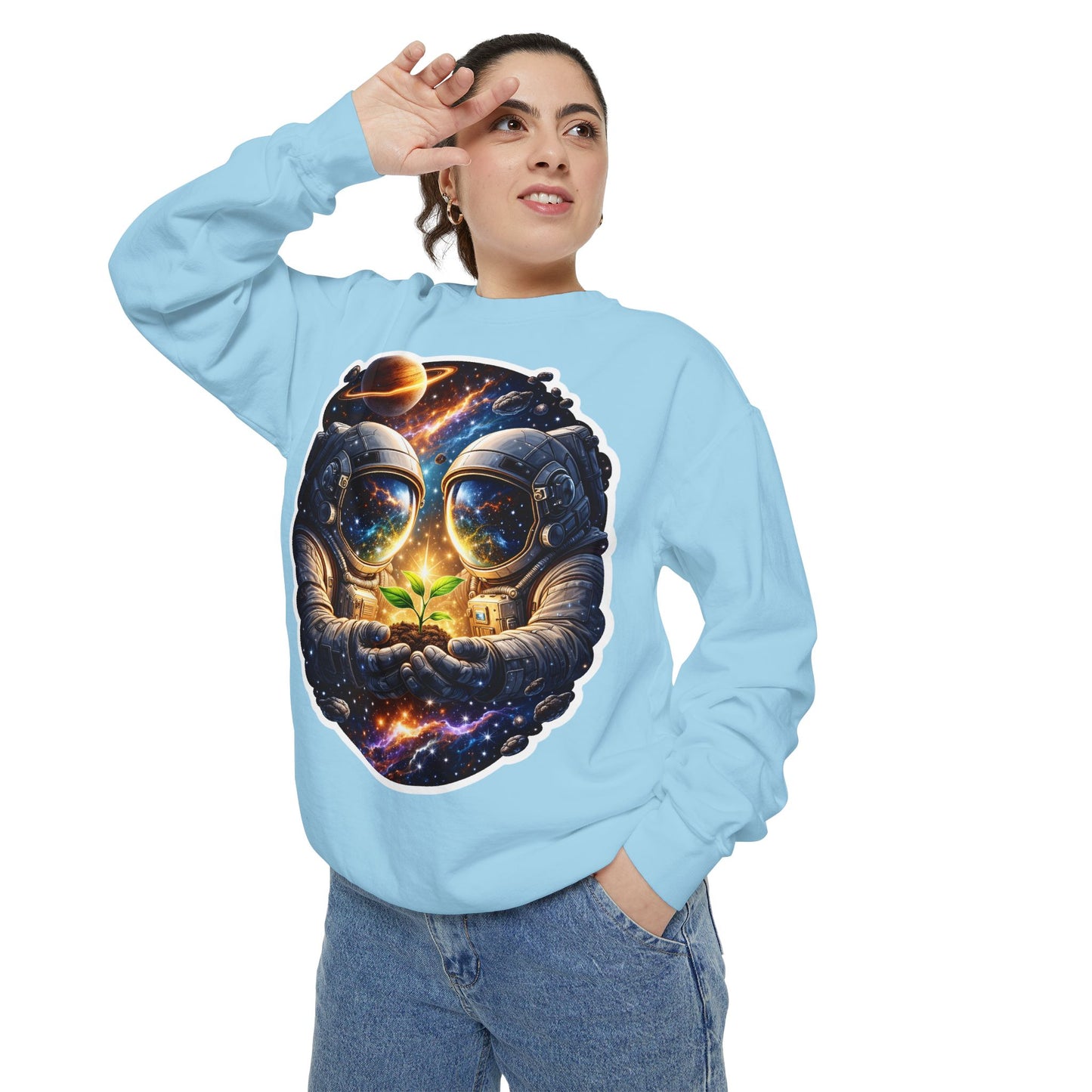 Astronaut Holding Seedling Sweatshirt — Cosmic Space Crewneck
