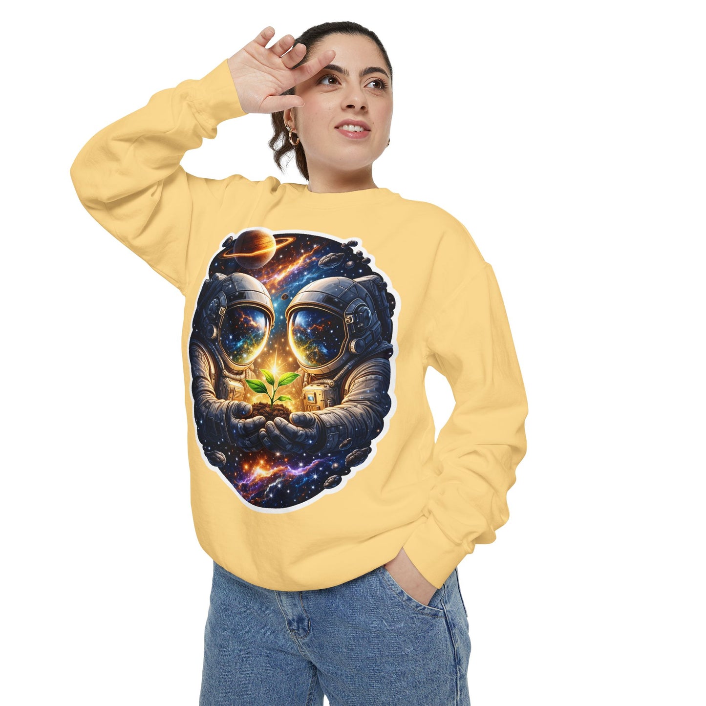 Astronaut Holding Seedling Sweatshirt — Cosmic Space Crewneck