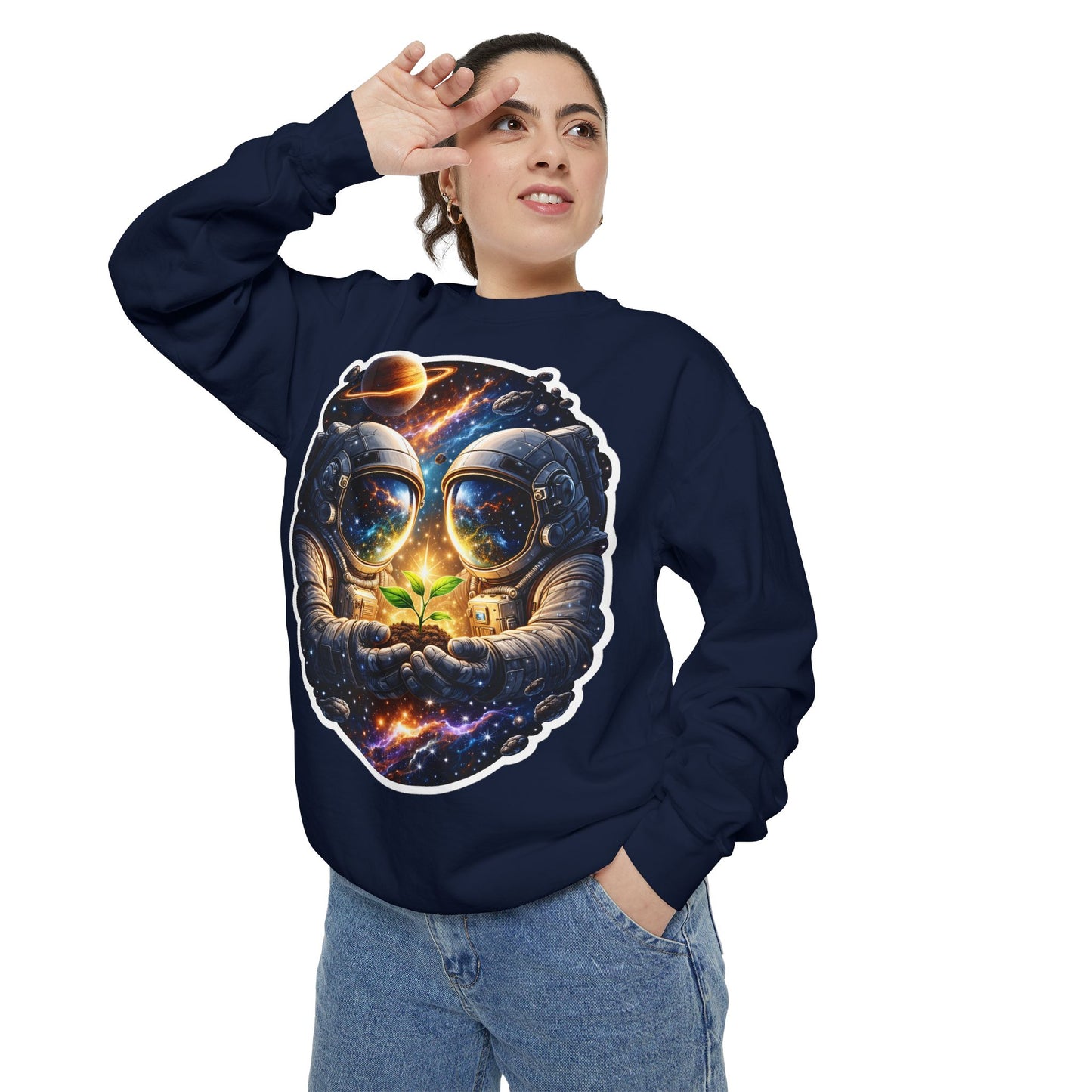 Astronaut Holding Seedling Sweatshirt — Cosmic Space Crewneck