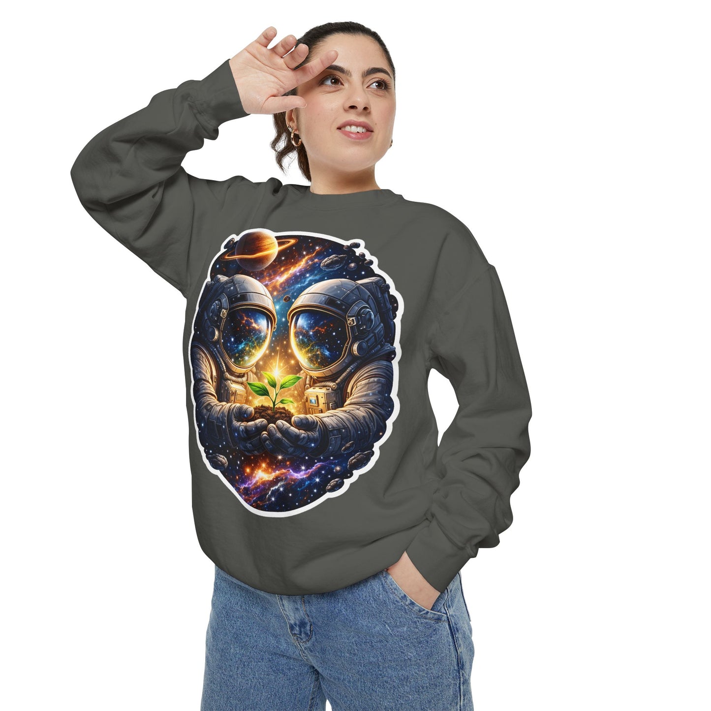 Astronaut Holding Seedling Sweatshirt — Cosmic Space Crewneck