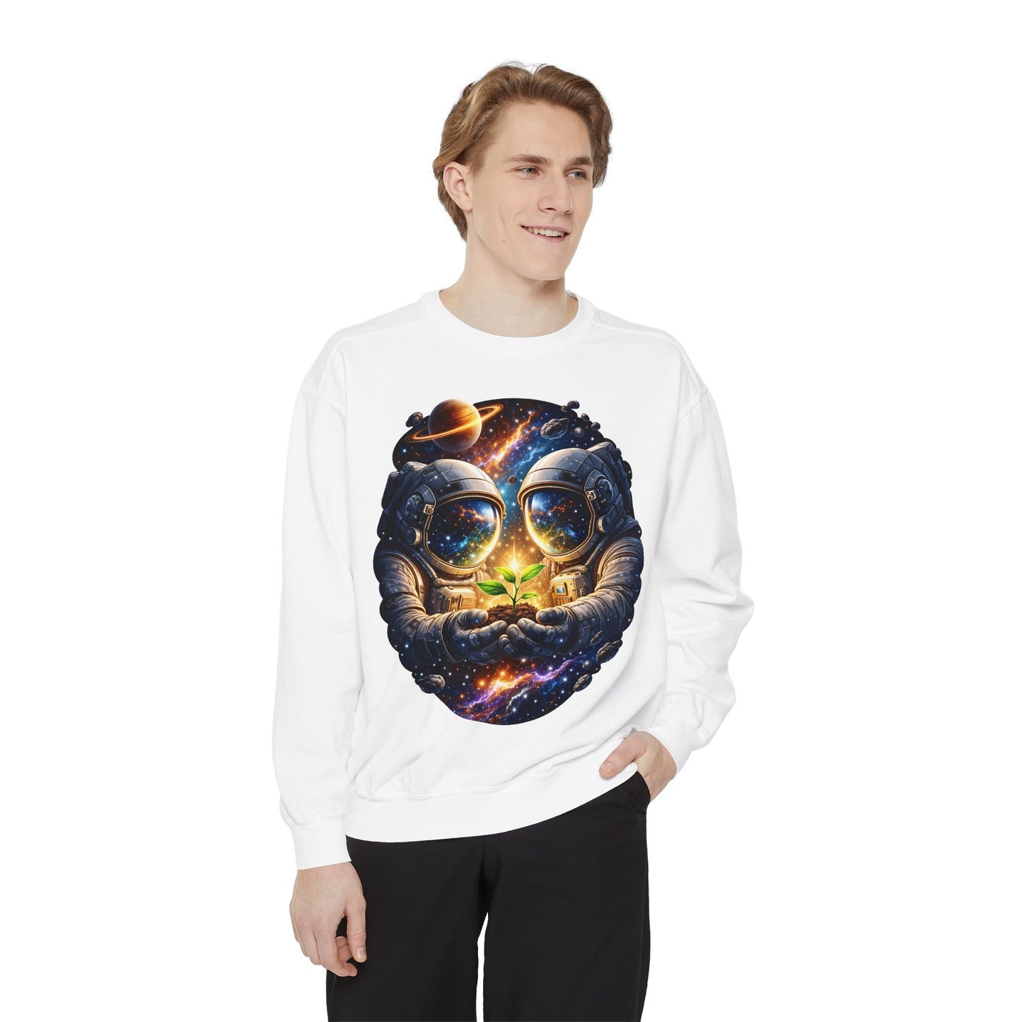 Astronaut Holding Seedling Sweatshirt — Cosmic Space Crewneck
