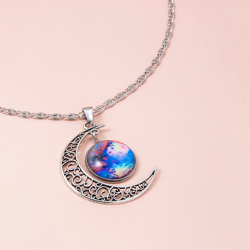 Galaxy Planet Star Glass Necklace – Cosmic Crescent Pendant