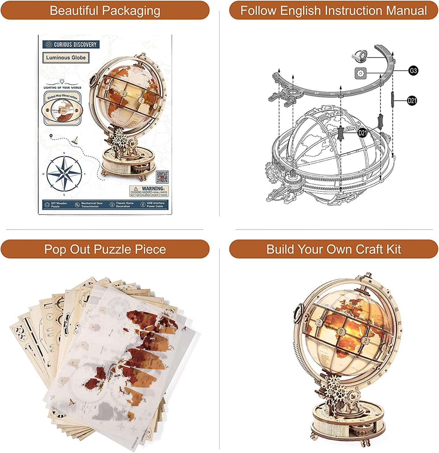 NovaX™ Luminous Orbit Globe — 3D Wooden Mechanical Decor
