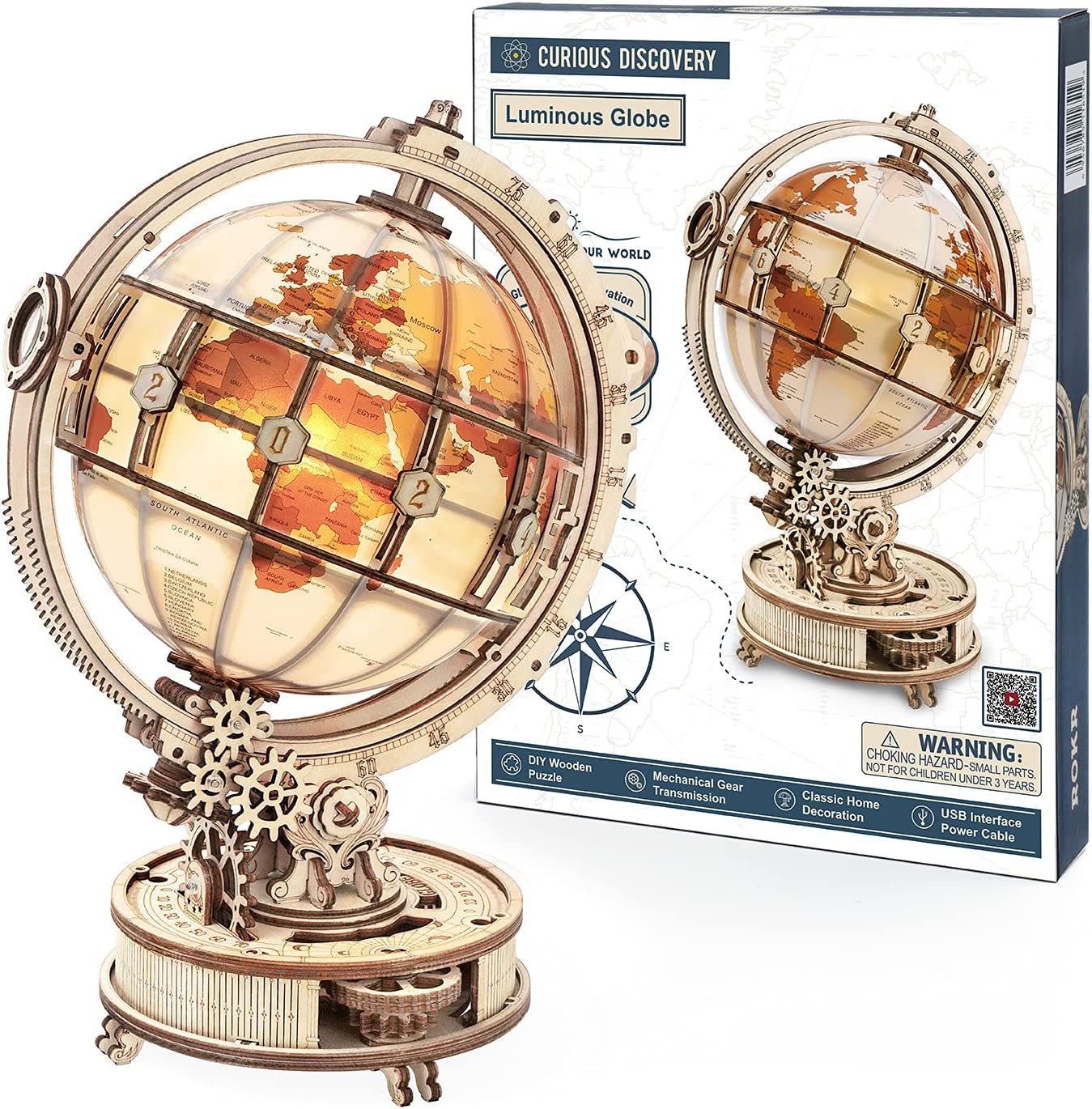NovaX™ Luminous Orbit Globe — 3D Wooden Mechanical Decor