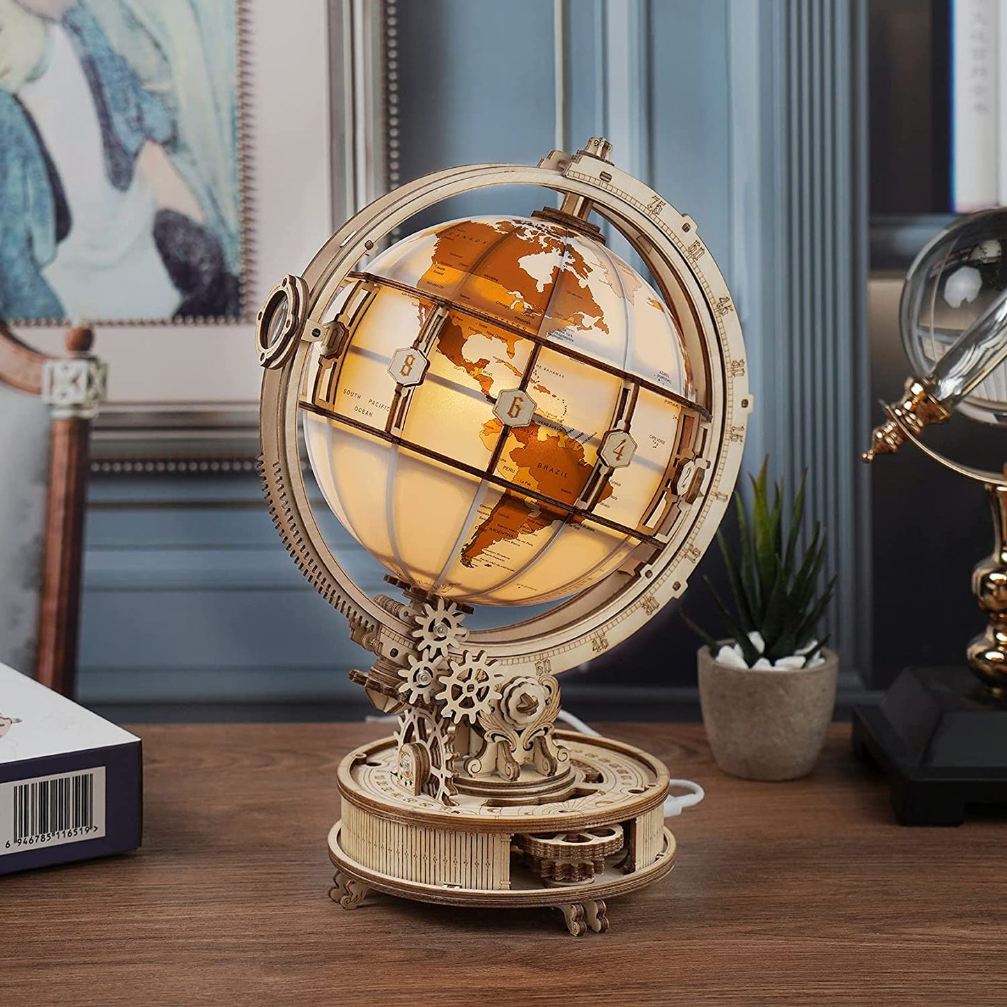 NovaX™ Luminous Orbit Globe — 3D Wooden Mechanical Decor