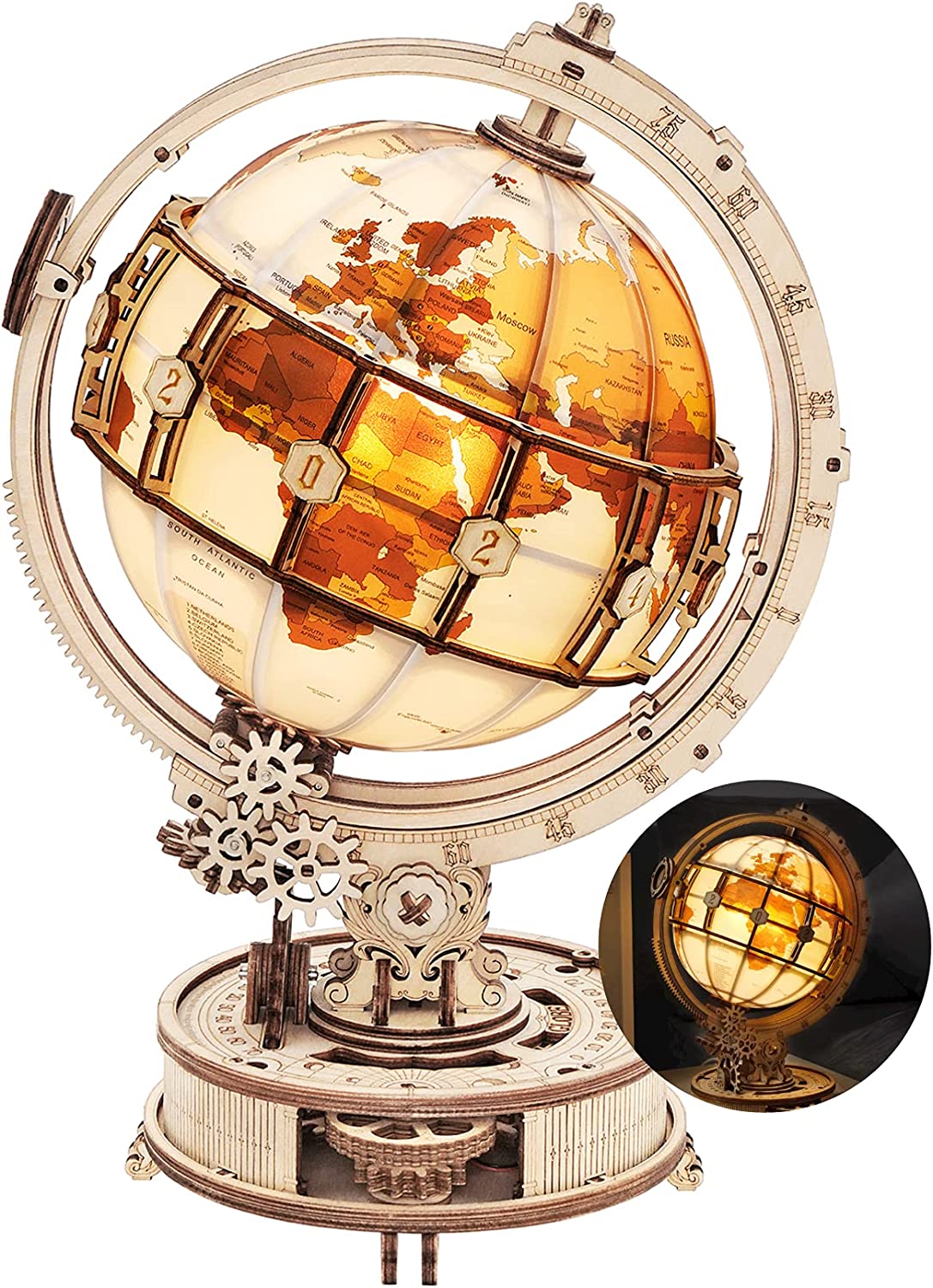 NovaX™ Luminous Orbit Globe — 3D Wooden Mechanical Decor