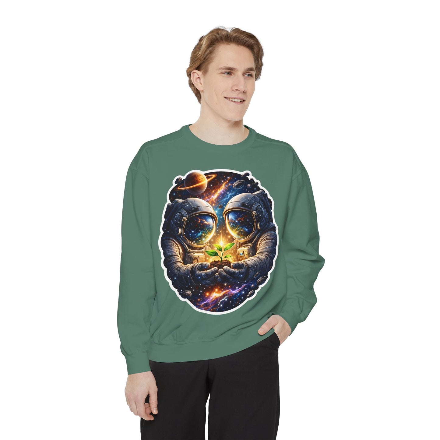 Astronaut Holding Seedling Sweatshirt — Cosmic Space Crewneck