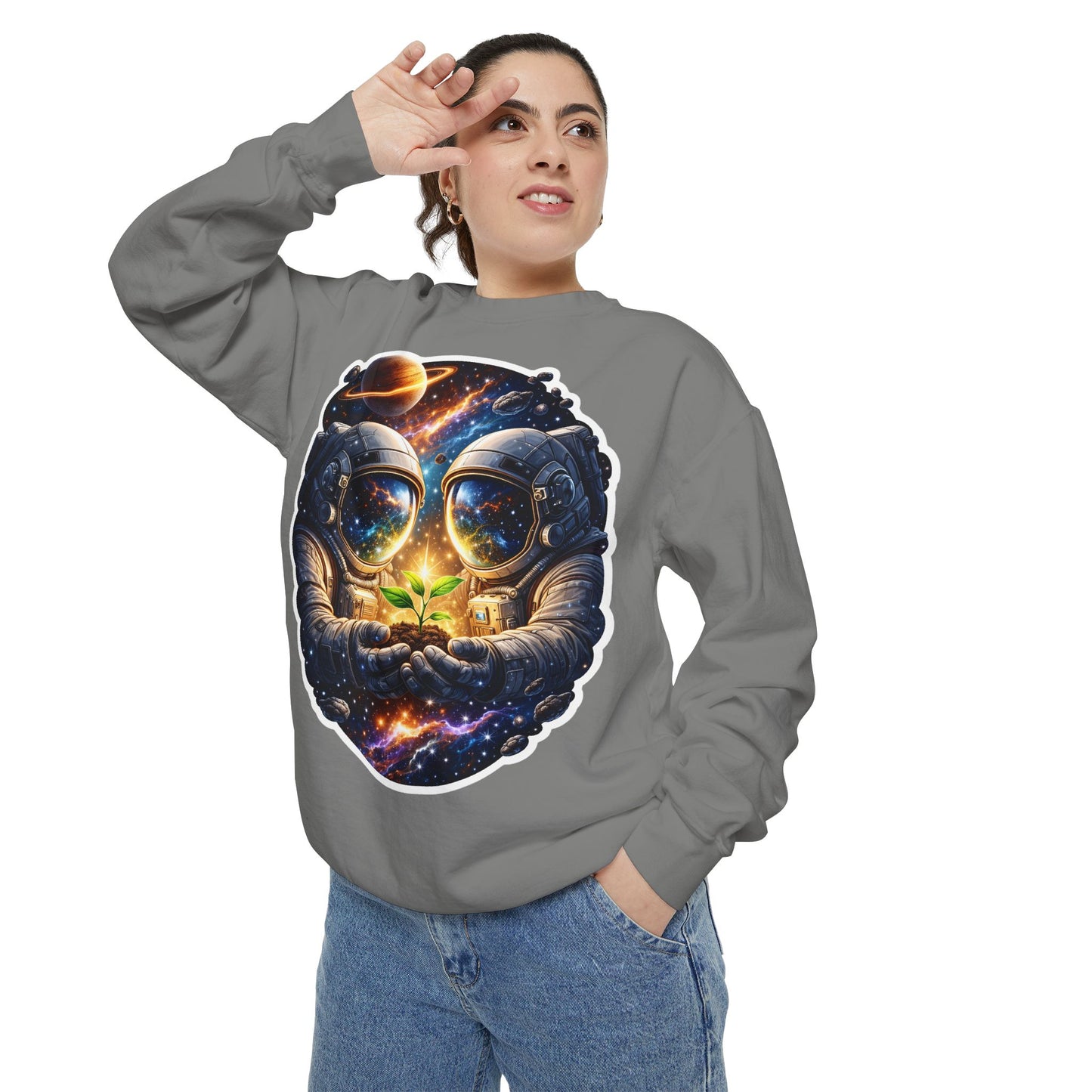 Astronaut Holding Seedling Sweatshirt — Cosmic Space Crewneck