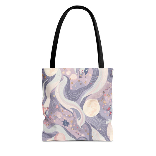 Celestial Moonlight Tote Bag — Pastel Cosmic Waves All-Over Print