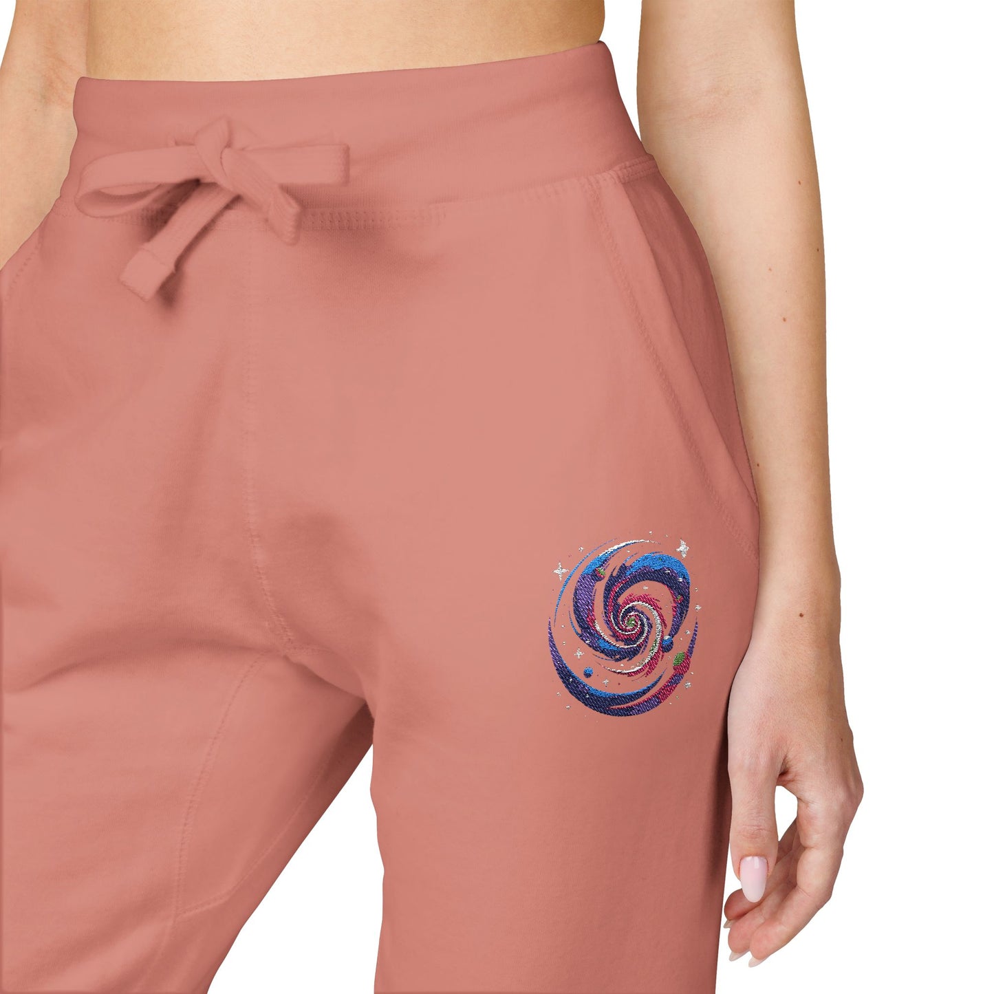 Embroidered Spiral Tie-Dye Joggers — White Fleece Sweatpants