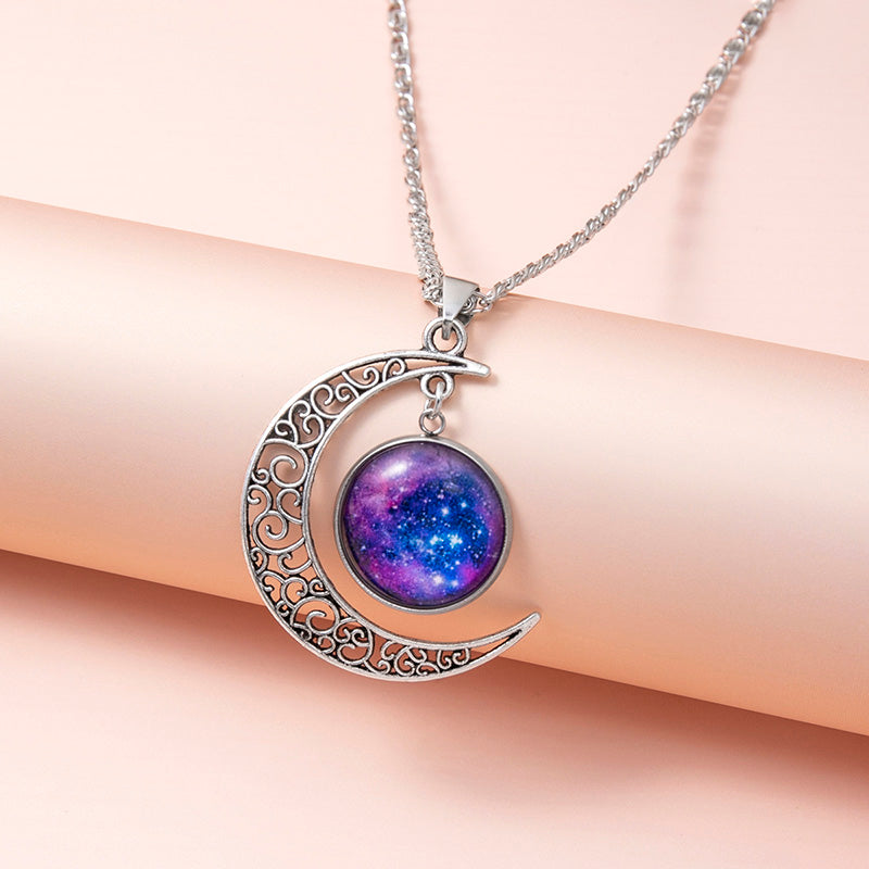 Galaxy Planet Star Glass Necklace – Cosmic Crescent Pendant