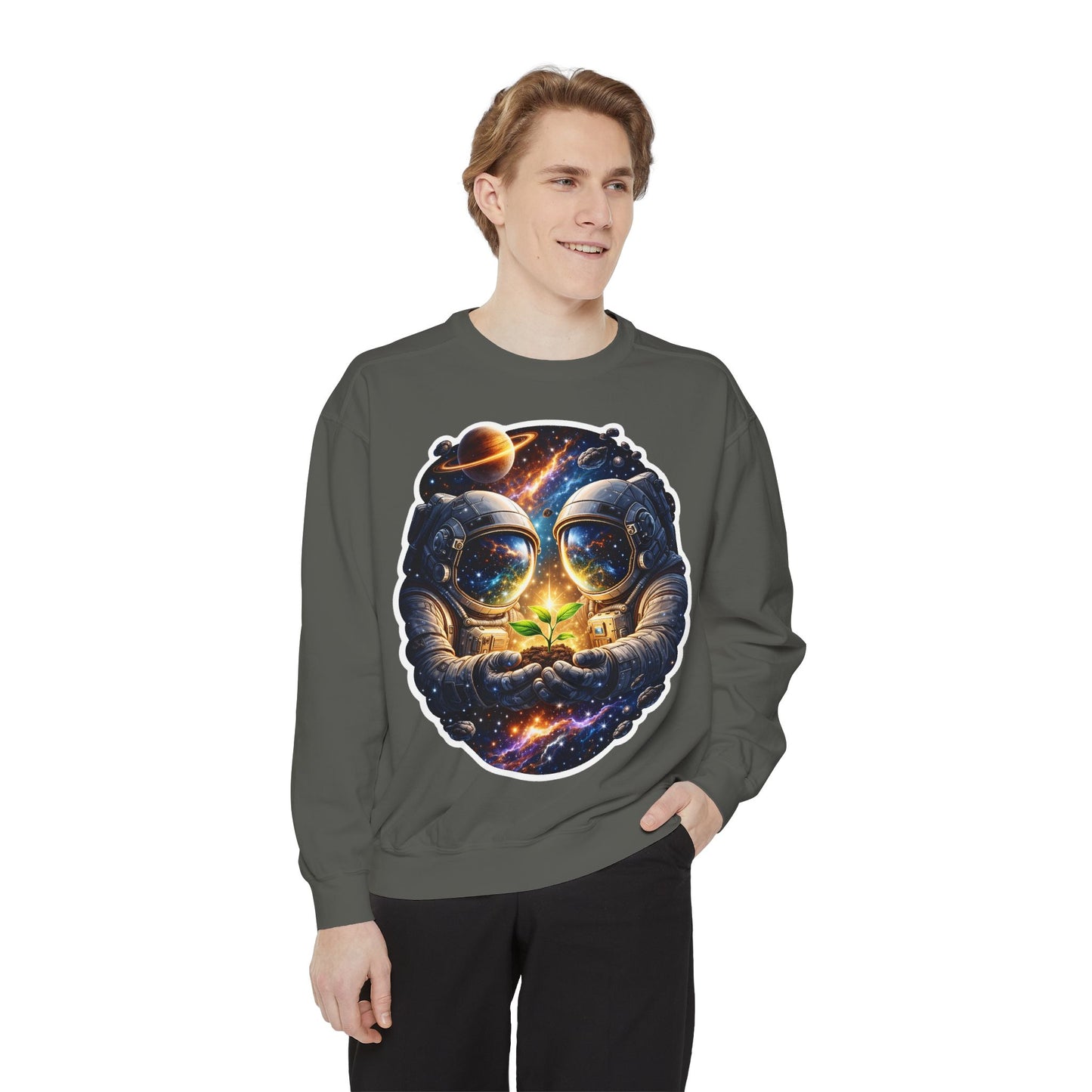 Astronaut Holding Seedling Sweatshirt — Cosmic Space Crewneck
