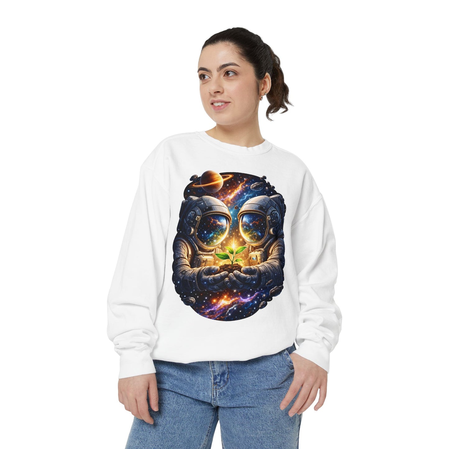 Astronaut Holding Seedling Sweatshirt — Cosmic Space Crewneck