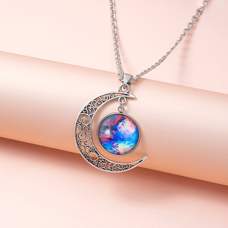 Galaxy Planet Star Glass Necklace – Cosmic Crescent Pendant