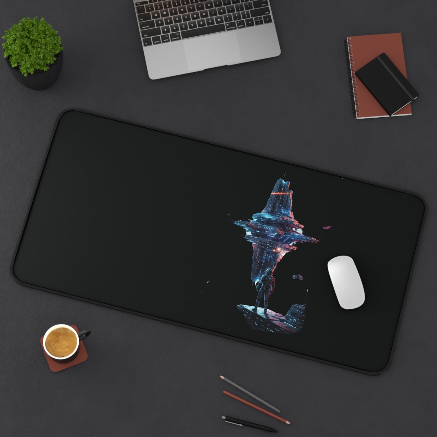 Sci‑Fi Floating City Desk Mat — Neon Cyberpunk Gaming Mouse Pad
