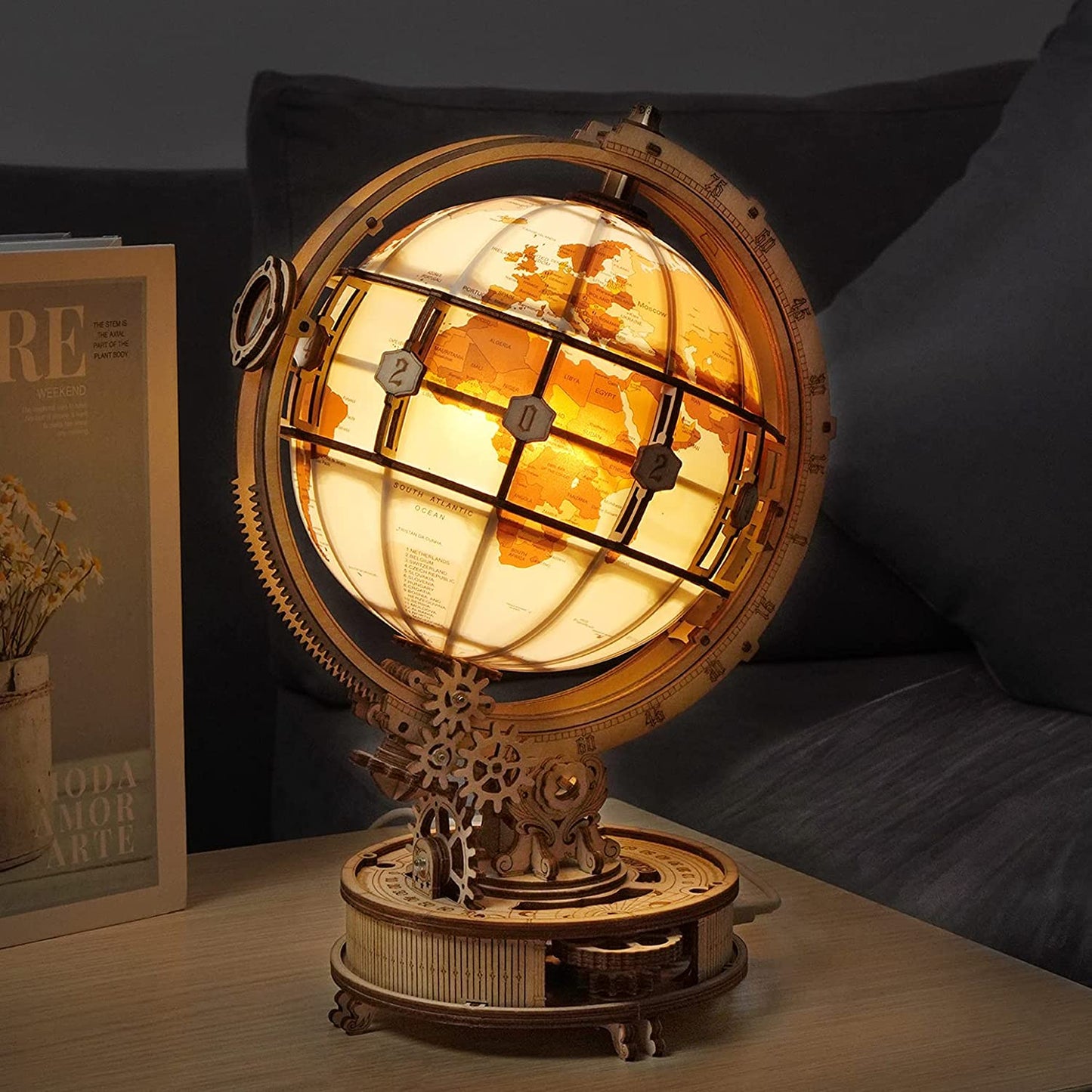 NovaX™ Luminous Orbit Globe — 3D Wooden Mechanical Decor