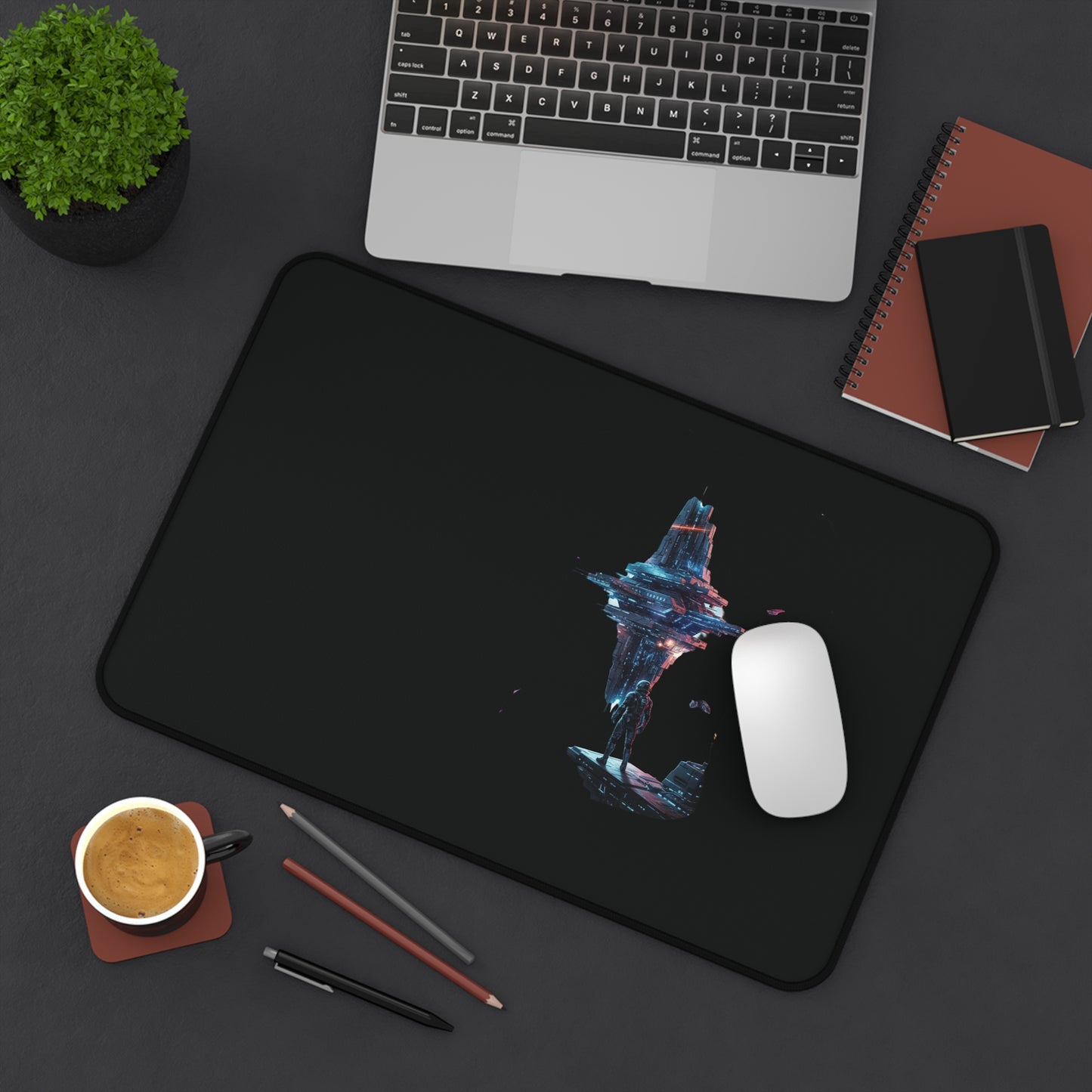 Sci‑Fi Floating City Desk Mat — Neon Cyberpunk Gaming Mouse Pad
