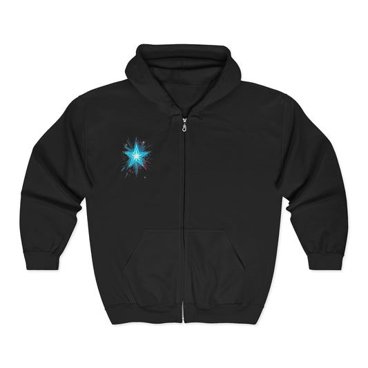 Mystic Hoodie — Neon Blue Hooded Zip-Up with Star & Hooded Figure Design