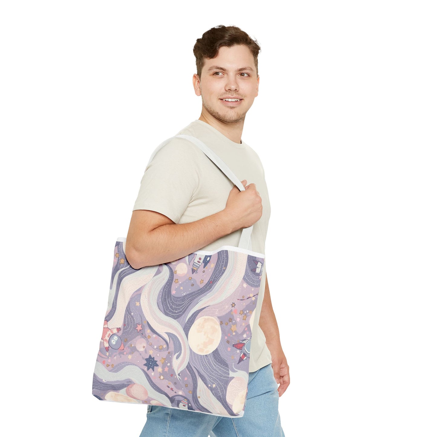Celestial Moonlight Tote Bag — Pastel Cosmic Waves All-Over Print