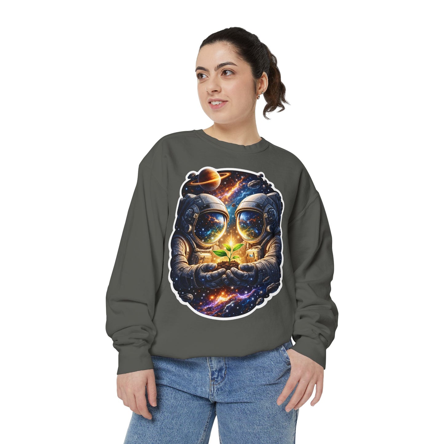 Astronaut Holding Seedling Sweatshirt — Cosmic Space Crewneck
