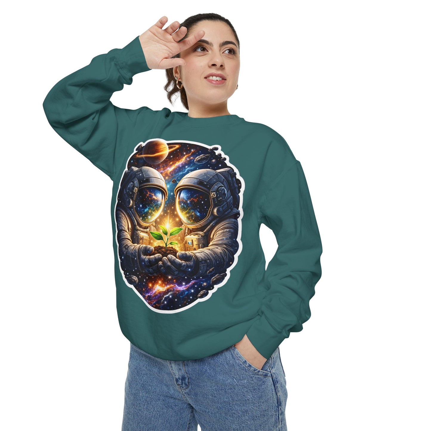 Astronaut Holding Seedling Sweatshirt — Cosmic Space Crewneck