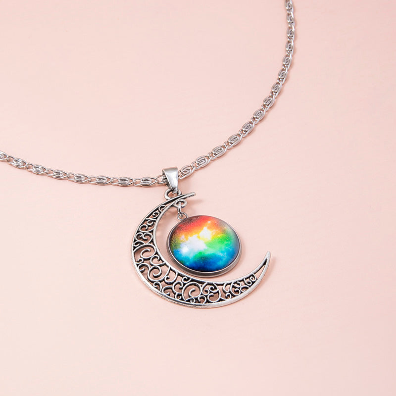 Galaxy Planet Star Glass Necklace – Cosmic Crescent Pendant