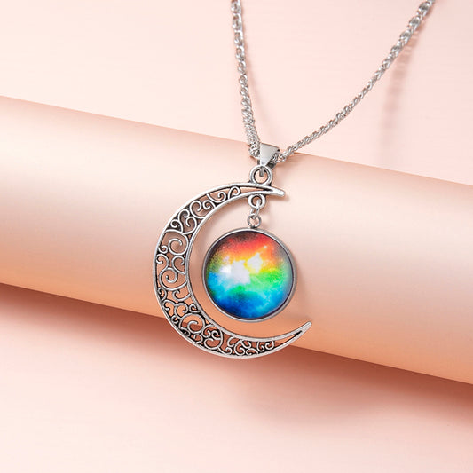 Galaxy Planet Star Glass Necklace – Cosmic Crescent Pendant