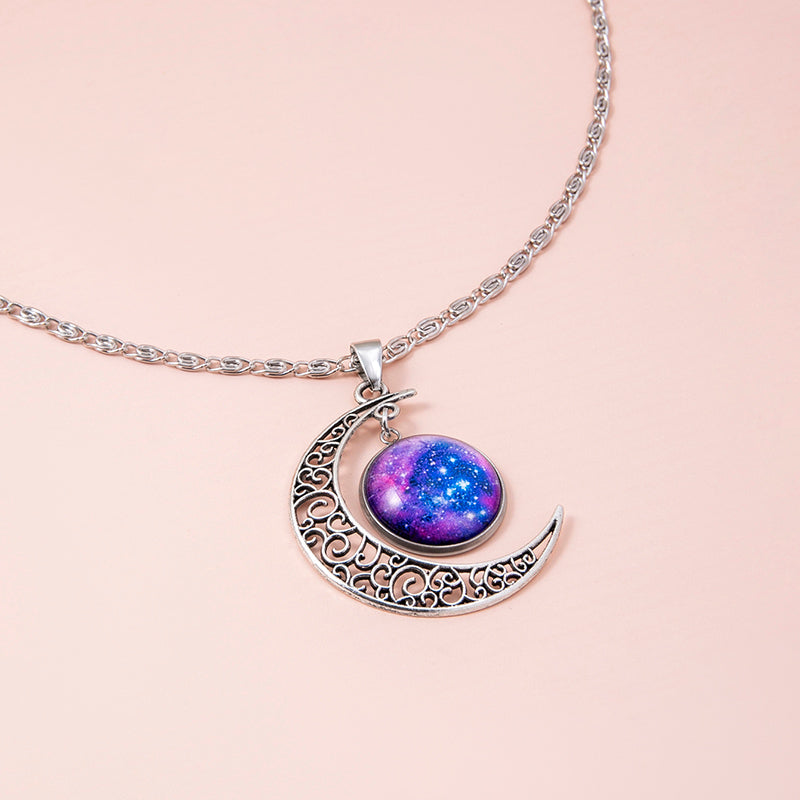 Galaxy Planet Star Glass Necklace – Cosmic Crescent Pendant