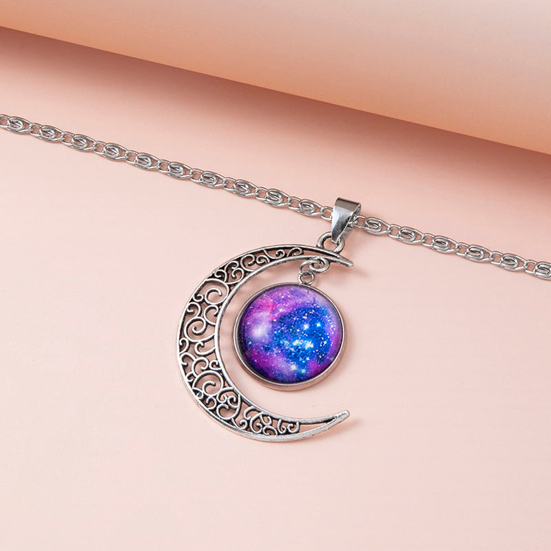 Galaxy Planet Star Glass Necklace – Cosmic Crescent Pendant