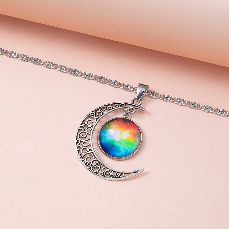 Galaxy Planet Star Glass Necklace – Cosmic Crescent Pendant